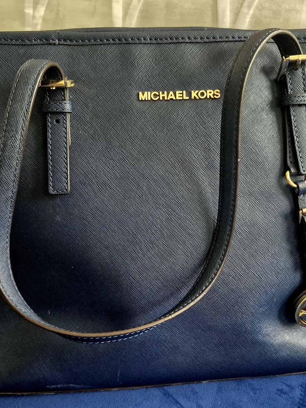Michael Kors Navy Saffiano Leather Tote with Gold Hardware